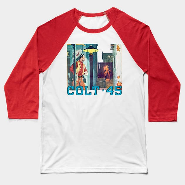 Colt 45 Buffalo Bill Western Cowboy Retro Comic Baseball T-Shirt by REVISTANGO